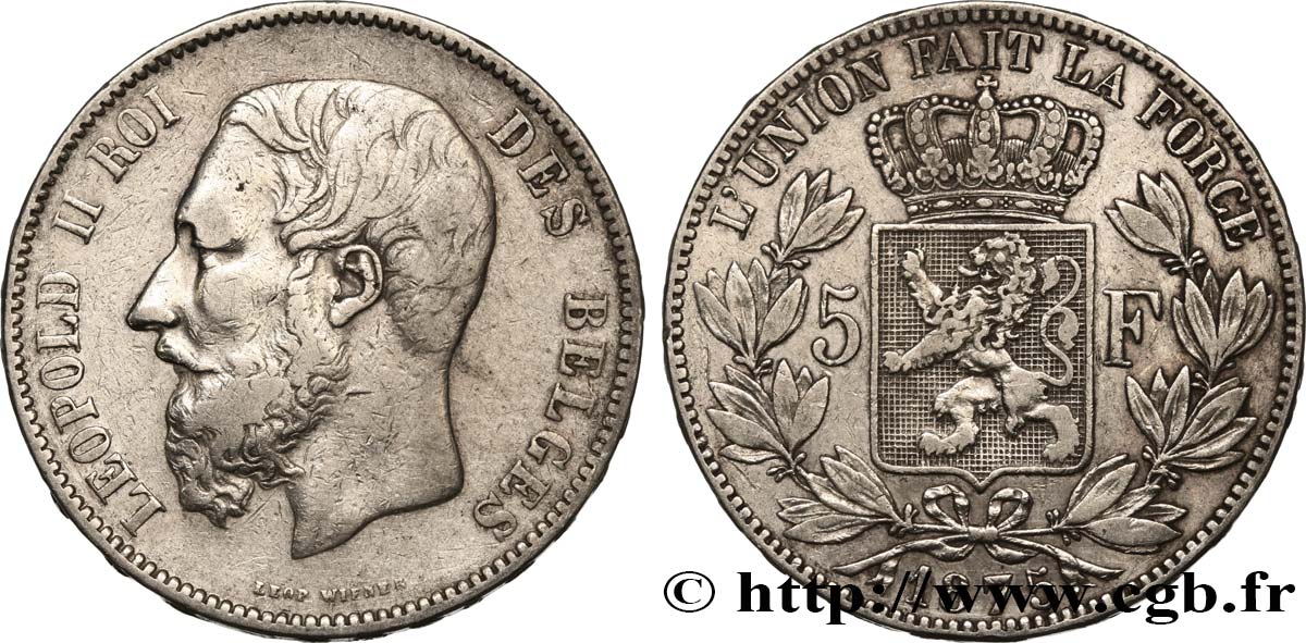 BELGIQUE 5 Francs Léopold II 1875  TB+ 