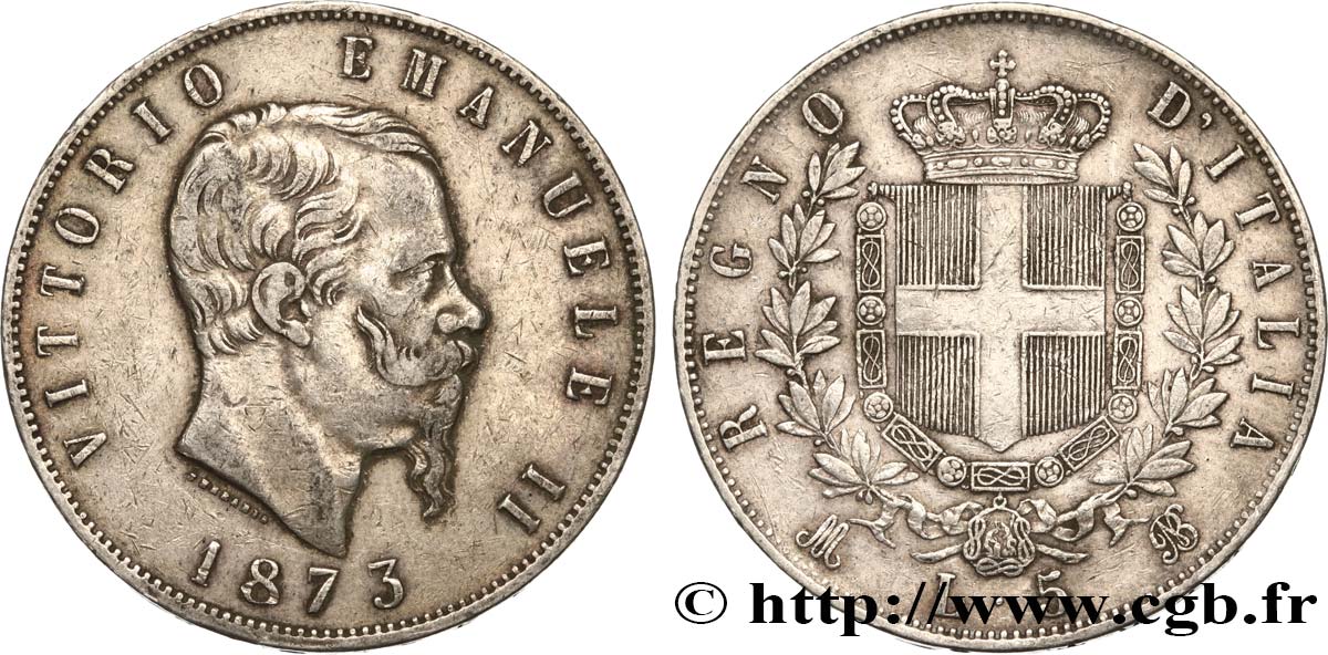 ITALIE 5 Lire Victor Emmanuel II 1873 Milan TTB 