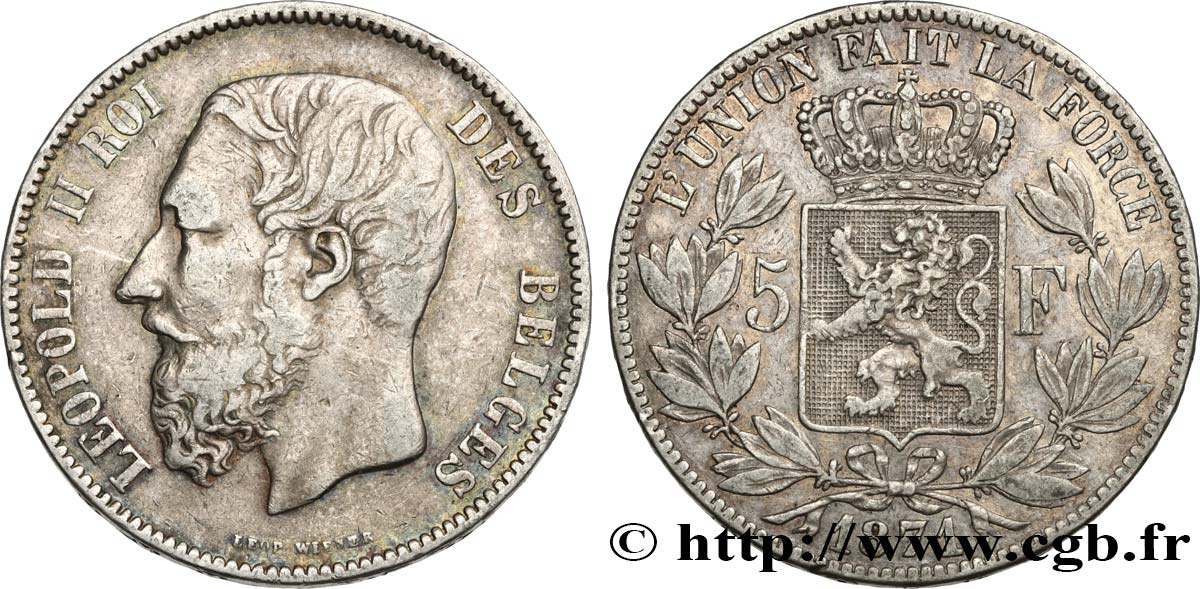 BELGIQUE 5 Francs Léopold II 1871  TB+ 