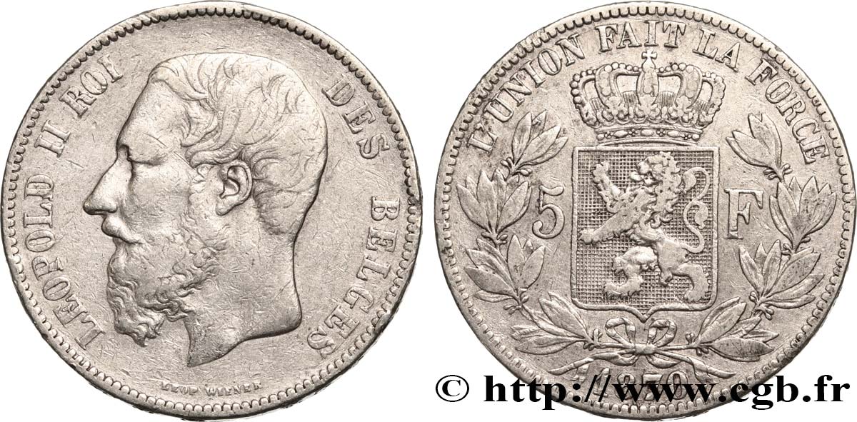 BELGIEN 5 Francs Léopold II 1870  fSS 