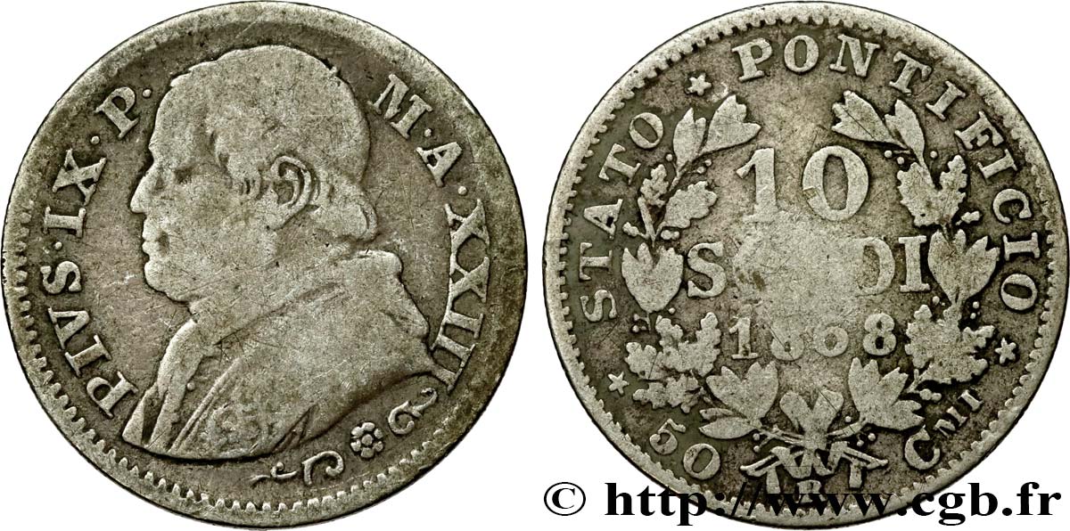 VATICANO E STATO PONTIFICIO 10 Soldi (50 Centesimi) Pie IX an XXIII 1868 Rome MB 