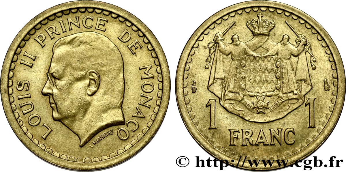 MONACO 1 Franc Louis II / armes (1943) Paris EBC 