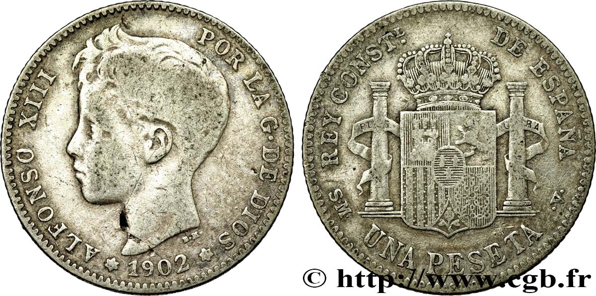SPAGNA 1 Peseta Alphonse XIII 3e type de buste / emblème couronné 1902 Madrid MB 
