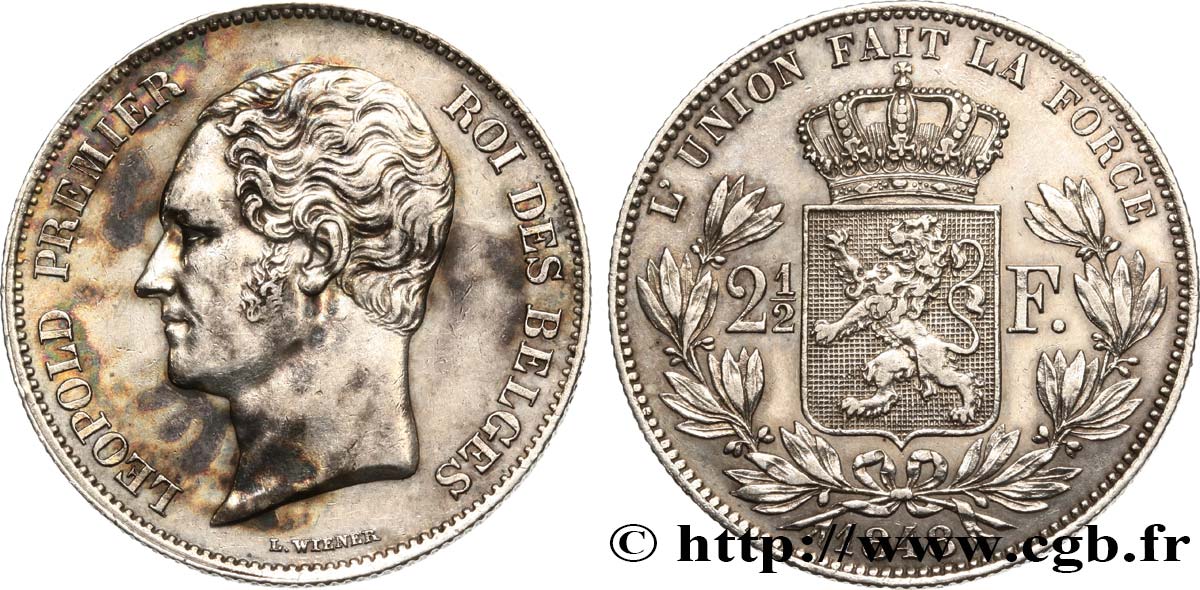 BELGIUM - KINGDOM OF BELGIUM - LEOPOLD I 2 1/2 Francs petite tête nue 1849 Bruxelles AU 