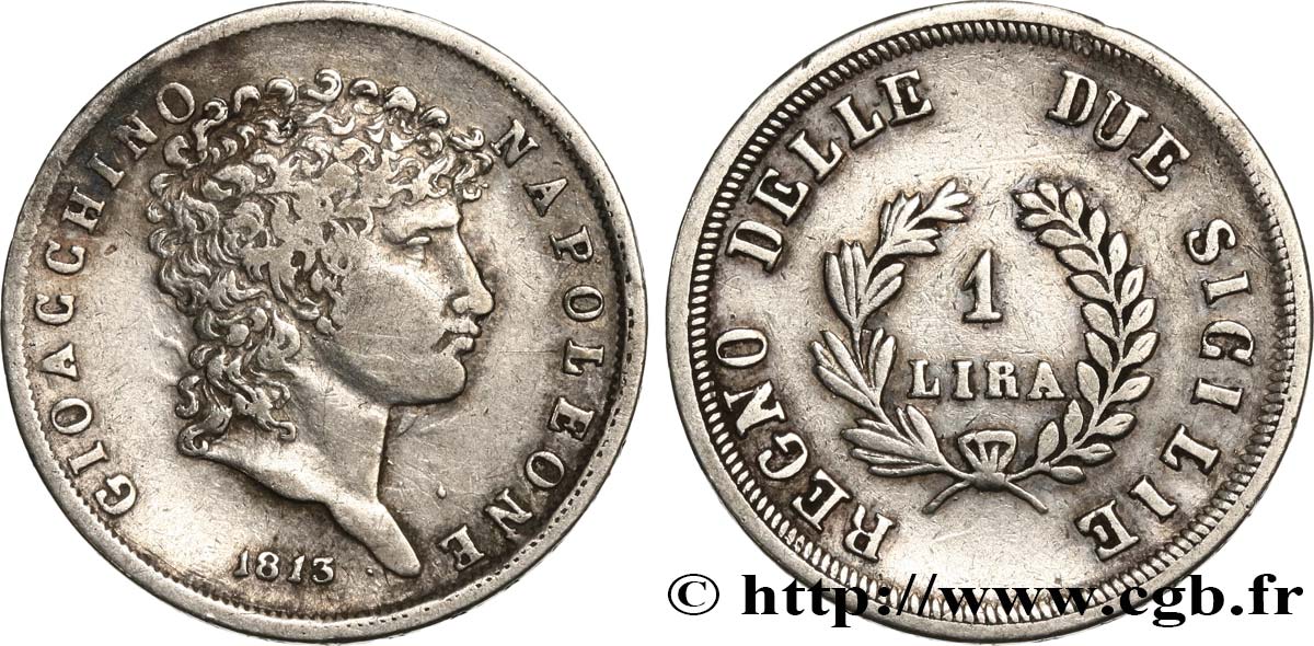 ITALIA - REINO DE NÁPOLES - JOAQUÍM MURAT 1 Lira 1813  BC+ 