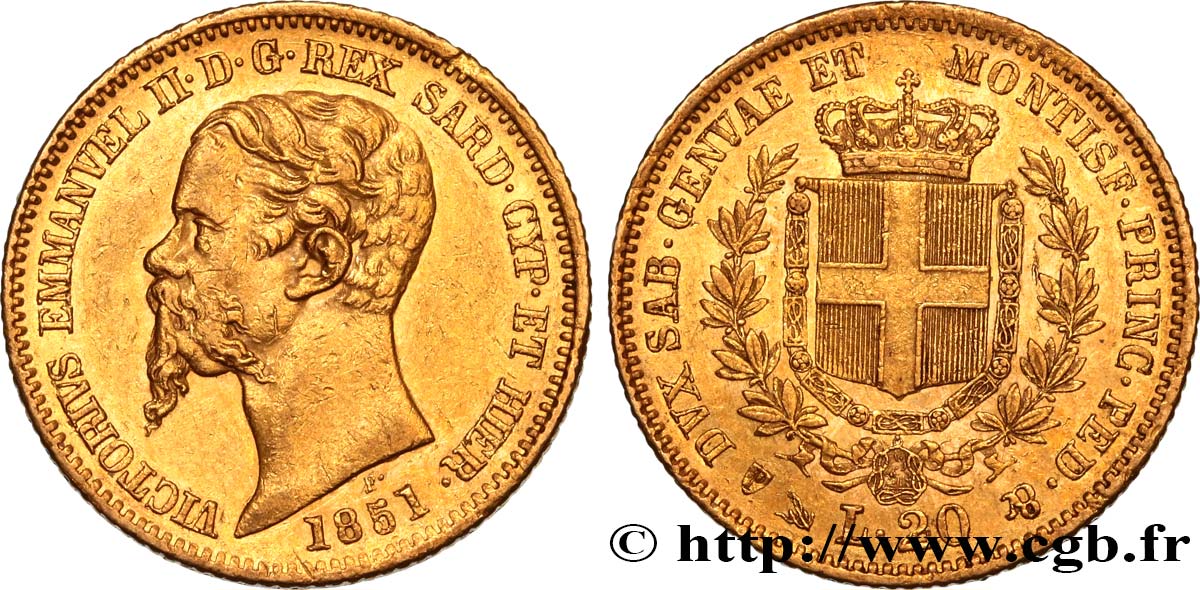 INVESTMENT GOLD 20 Lire Victor Emmanuel II 1851 Gênes fVZ/VZ 