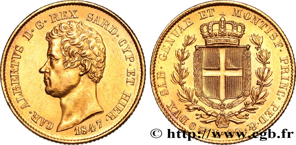 ITALY - KINGDOM OF SARDINIA 20 Lire Charles-Albert 1847 Turin AU 