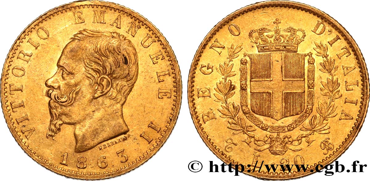 INVESTMENT GOLD 20 Lire Victor Emmanuel II 1863 Turin AU/AU 