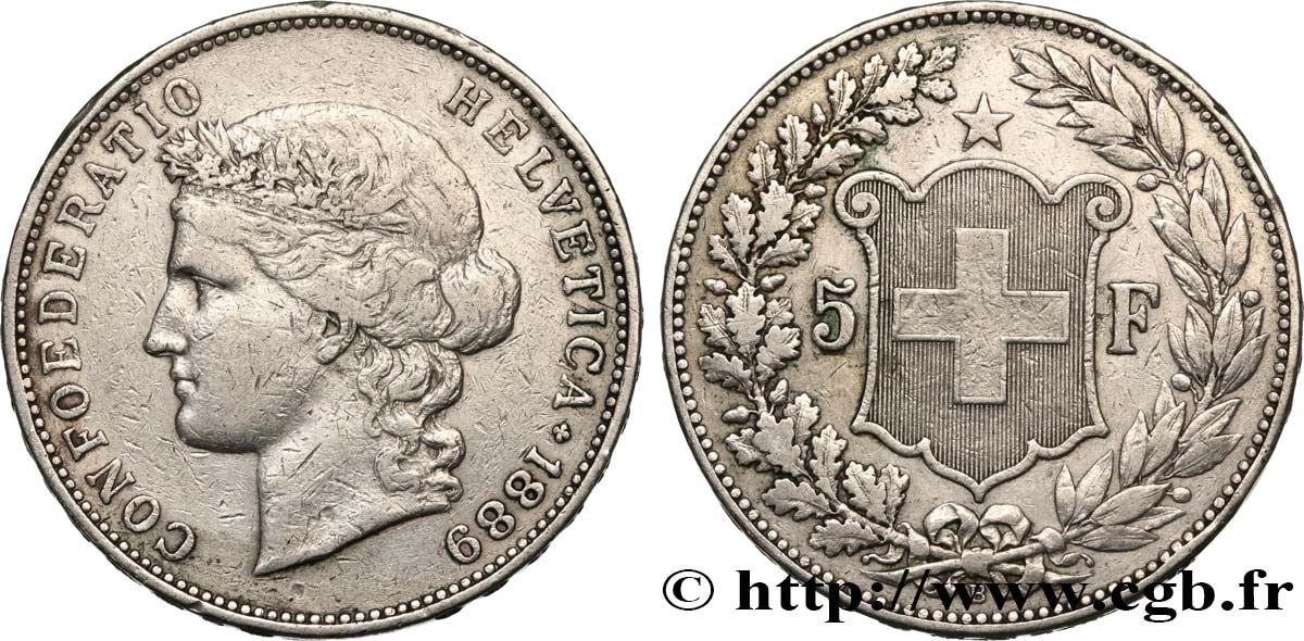 SVIZZERA  5 Francs Helvetia 1889 Berne BB 