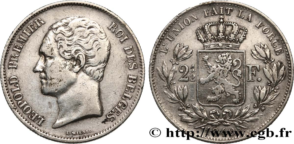 BELGIQUE - ROYAUME DE BELGIQUE - LÉOPOLD Ier 2 1/2 Francs petite tête nue 1849 Bruxelles TB+ 