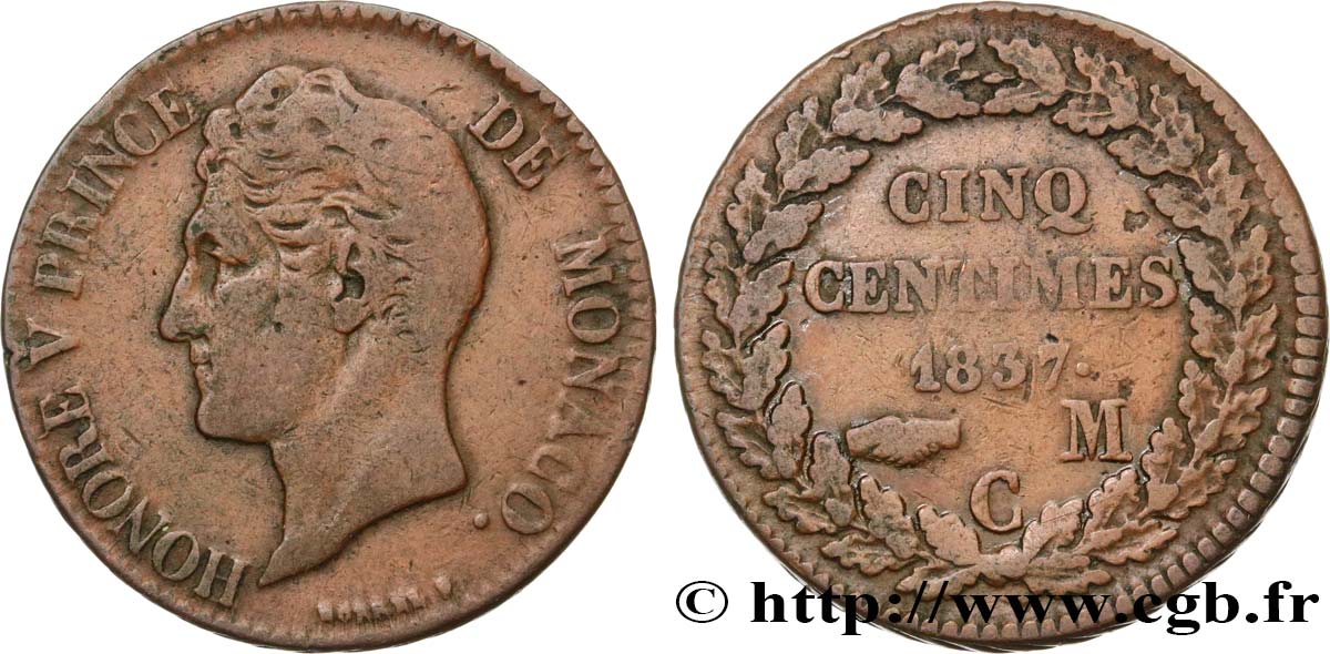 MONACO 5 Centimes Honoré V petite tête en cuivre rouge 1837 Monaco MB 