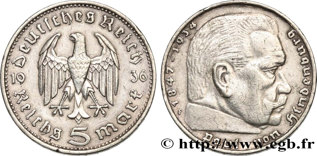 ALEMANIA 5 Reichsmark Maréchal Paul von Hindenburg 1936 Stuttgart - F MBC+ 