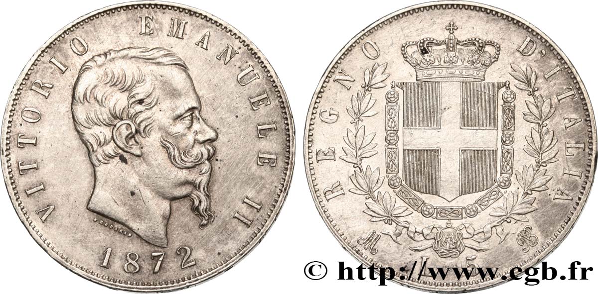 ITALY 5 Lire Victor Emmanuel II 1872 Milan XF 