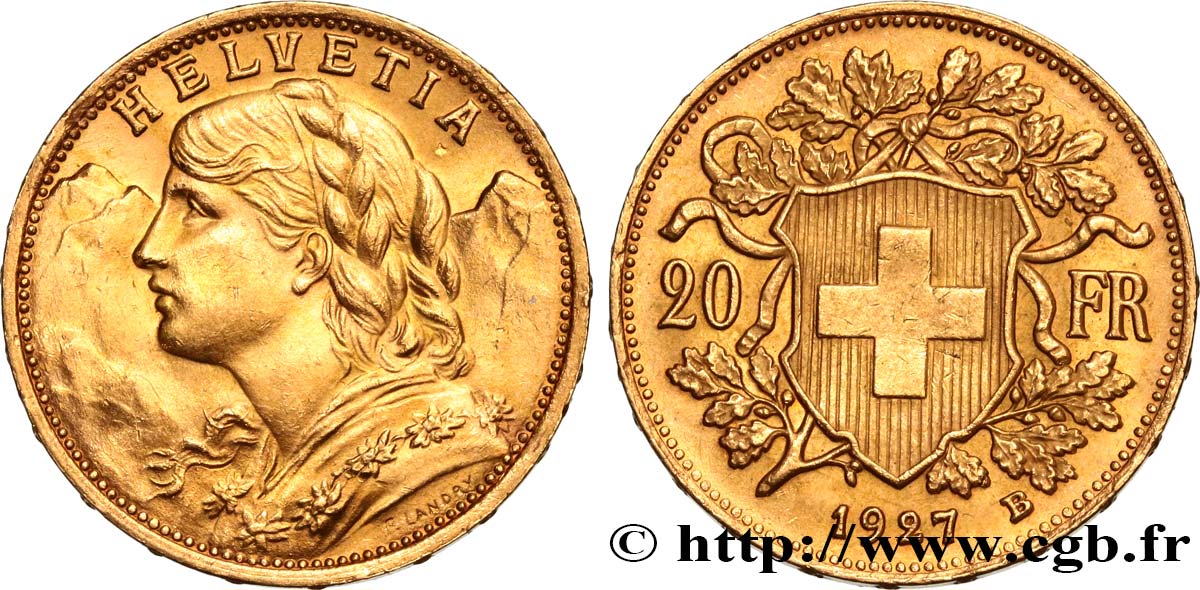 INVESTMENT GOLD 20 Francs or  Vreneli  1927 Berne VZ 