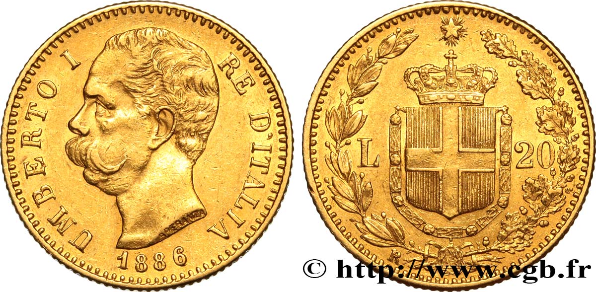 INVESTMENT GOLD 20 Lire Umberto Ier 1886 Rome MBC+ 