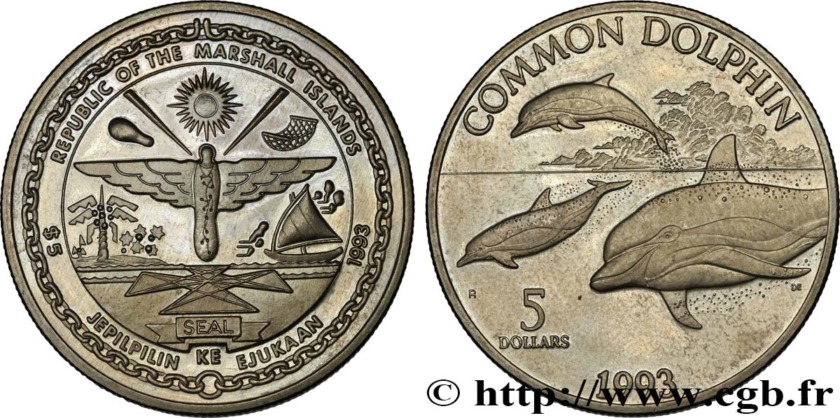 MARSHALLINSELN 5 Dollars dauphin commun 1993  fST 