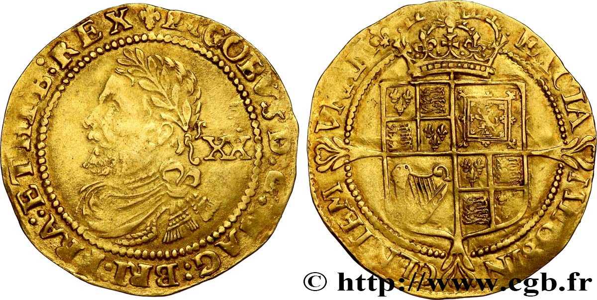 ENGLAND - KINGDOM OF ENGLAND - JAMES I Laurel de 20 schillings, 4e buste n.d. Londres XF 