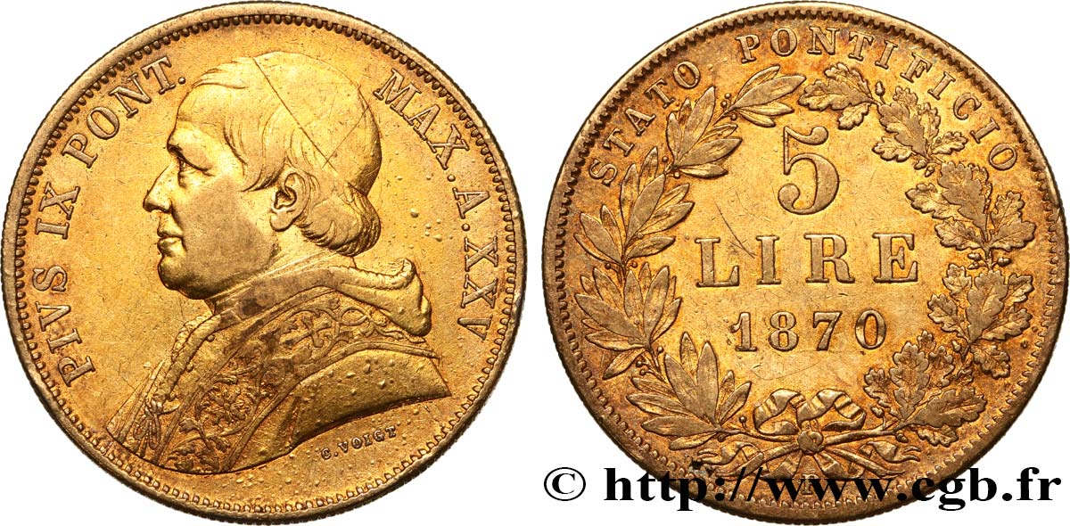 ITALIE - ÉTATS DU PAPE - PIE IX (Jean-Marie Mastai Ferretti) 5 Lire an XXV 1870 Rome TB+ 