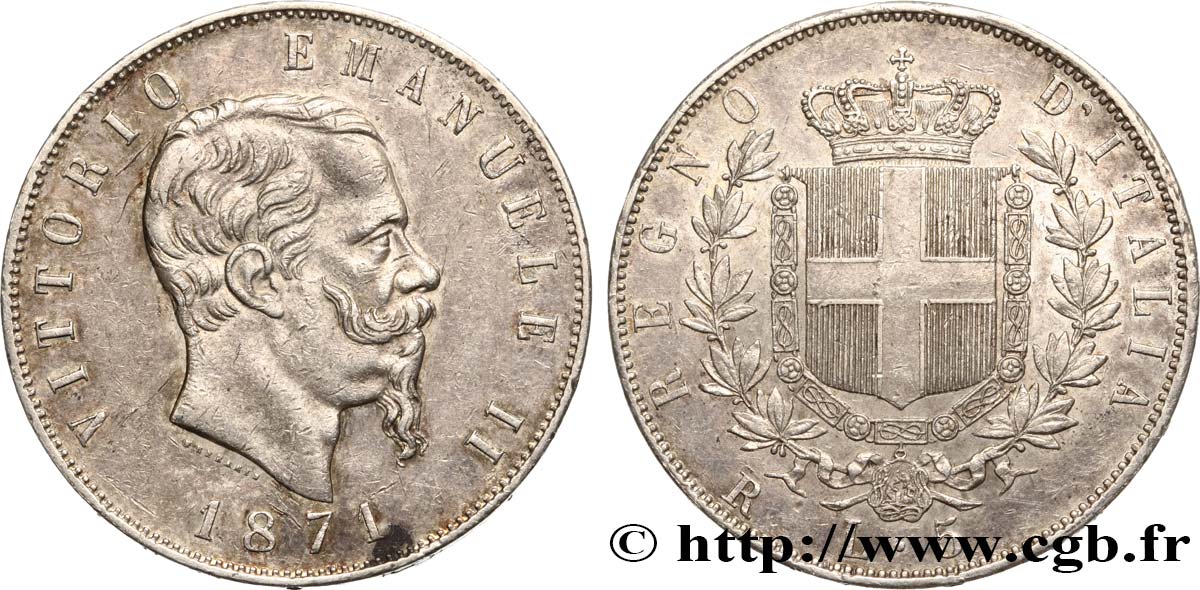 ITALY - KINGDOM OF ITALY - VICTOR-EMMANUEL II 5 Lire 1871 Rome AU 