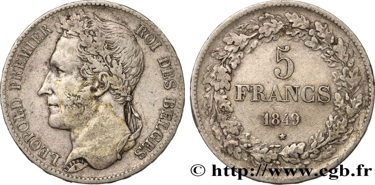 BÉLGICA 5 Francs Léopold Ier tête laurée 1849  BC+ 