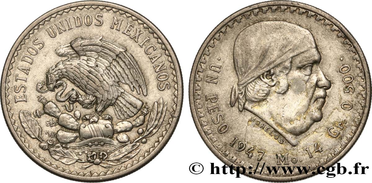 MÉXICO 1 Peso Jose Morelos y Pavon 1947 Mexico MBC 