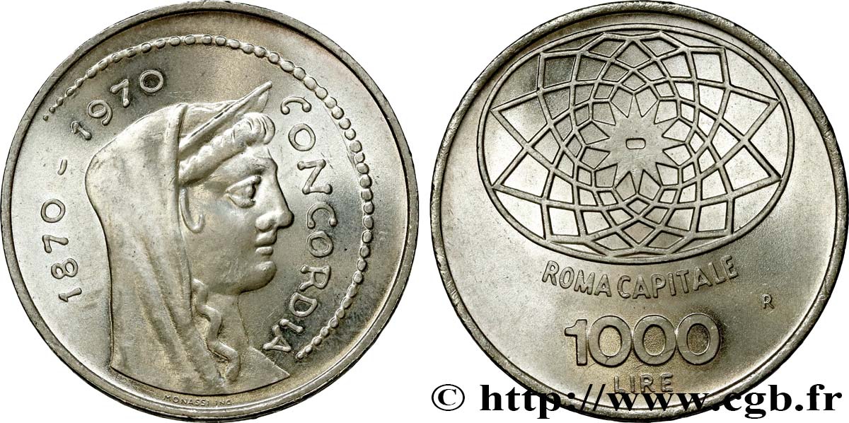 ITALIE 1000 Lire 100e anniversaire de Rome capitale de l’Italie 1970 Rome SPL 