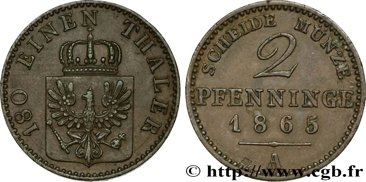 DEUTSCHLAND - PREUßEN 2 Pfenninge 1865 Berlin VZ/fVZ 