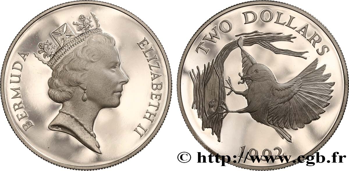 BERMUDA 2 Dollars Proof Bluebird 1992  MS 