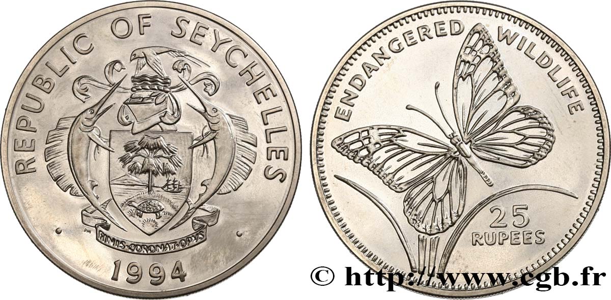 SEYCHELLEN 25 Rupees proof papillon 1994  fST 