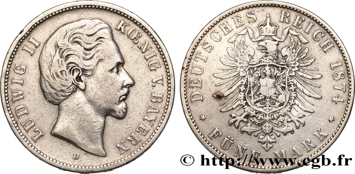 GERMANY - BAVARIA 5 Mark Louis II 1874 Munich - D VF 