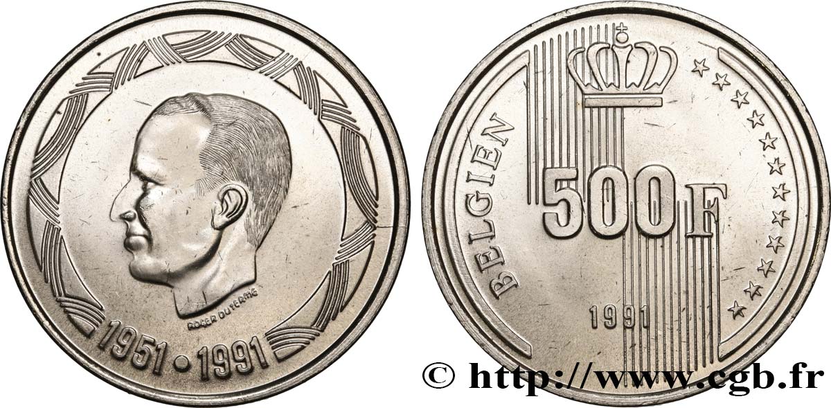 BELGIO 500 Francs légende allemande 40 ans de règne du roi Baudouin 1991 Bruxelles MS 