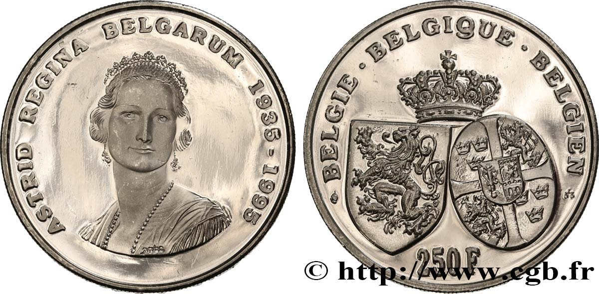 BELGIEN 250 Francs Proof mort de la reine Astrid 1995 Bruxelles fST 