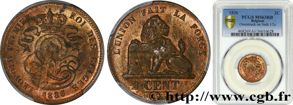 BELGIUM 2 Centimes Léopold Ier 1836  MS63 PCGS