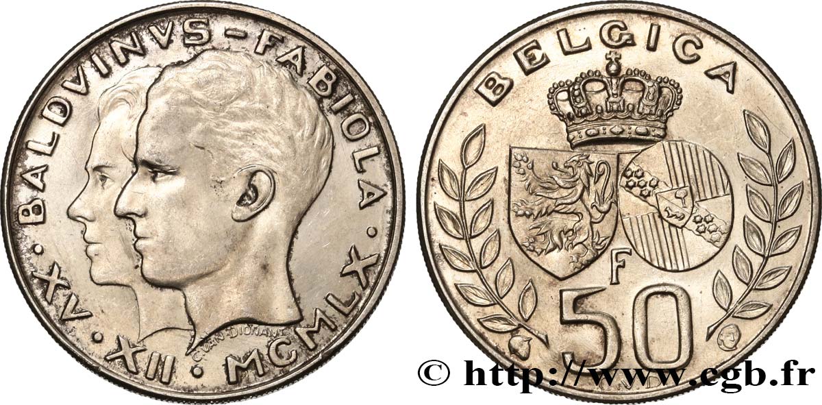 BELGIQUE 50 Francs mariage de Baudouin et de Fabiola 1960  SUP 