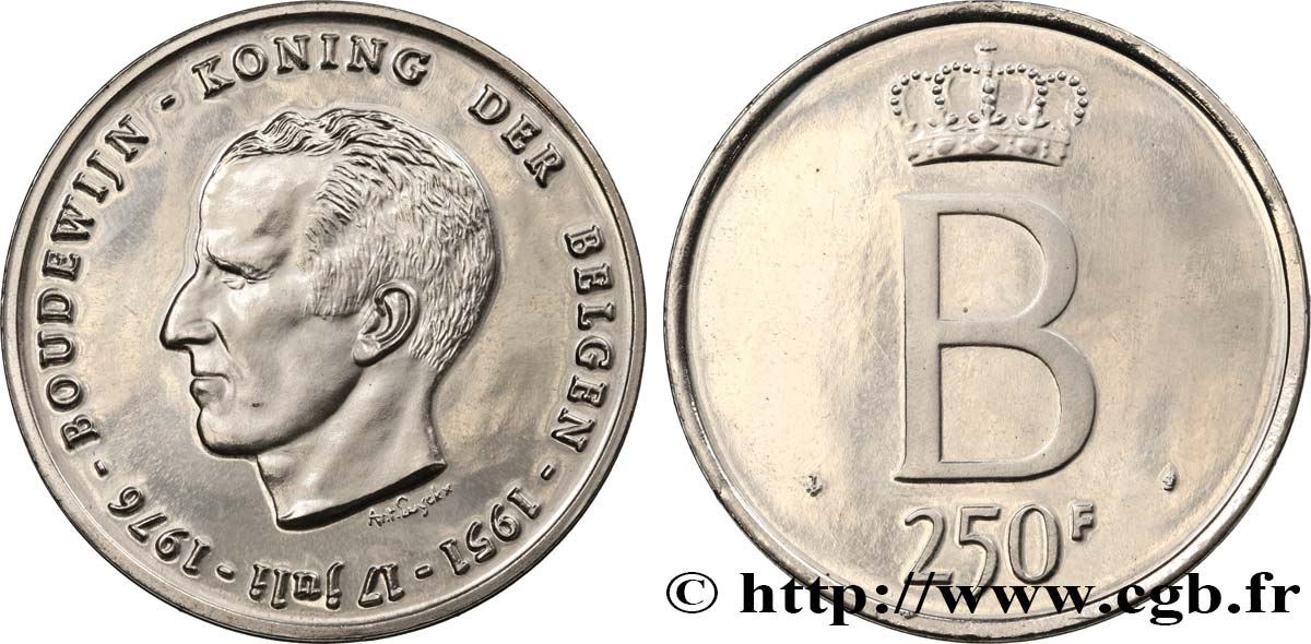 BELGIQUE 250 Francs Proof jubilé d’argent du roi Baudouin légende flamande 1976 Bruxelles SPL 