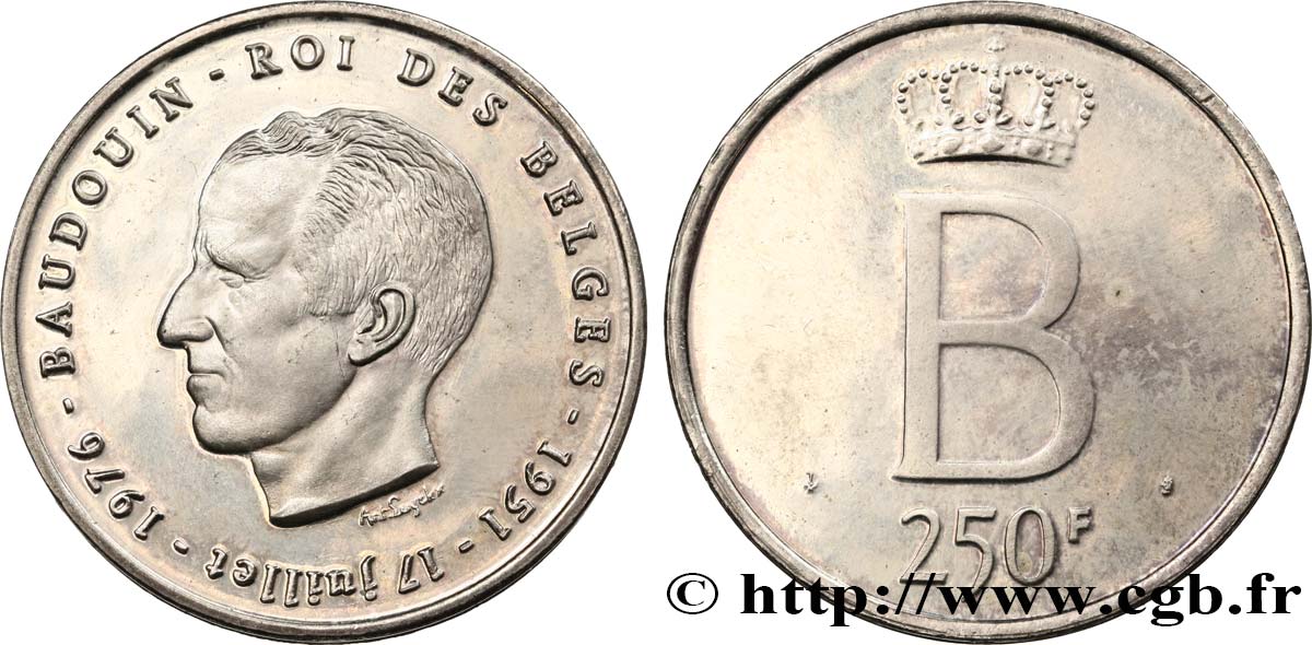 BÉLGICA 250 Francs Proof jubilé d’argent du roi Baudouin légende française 1976 Bruxelles SC 