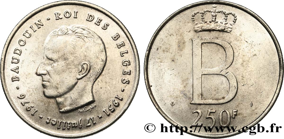 BELGIQUE 250 Francs jubilé d’argent du roi Baudouin légende française 1976 Bruxelles SUP 