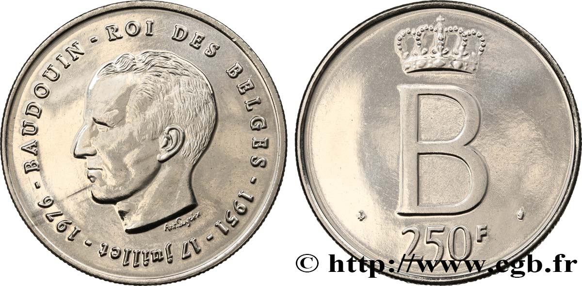 BELGIEN 250 Francs jubilé d’argent du roi Baudouin légende française 1976 Bruxelles fST 
