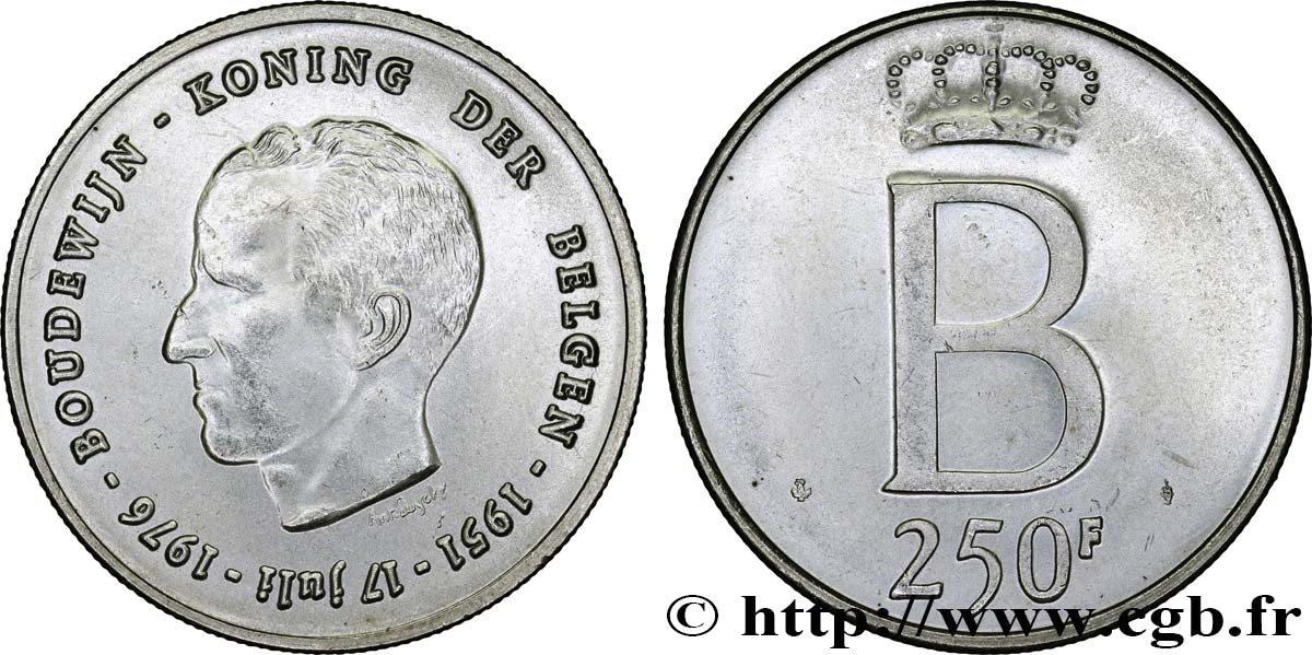 BELGIQUE 250 Francs jubilé d’argent du roi Baudouin légende flamande 1976 Bruxelles SUP 