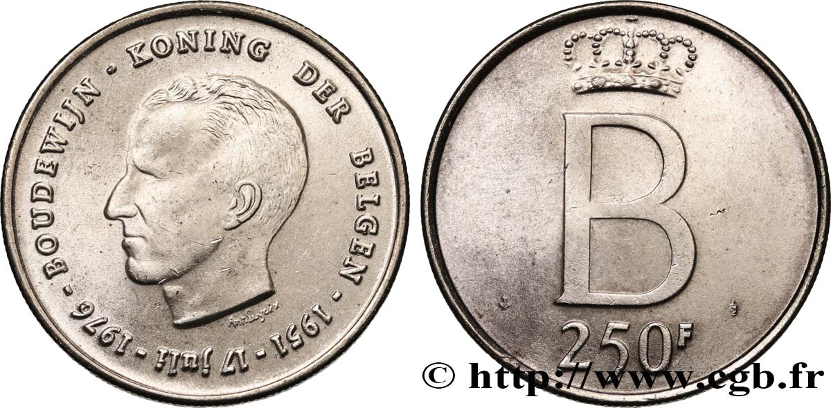 BÉLGICA 250 Francs jubilé d’argent du roi Baudouin légende flamande 1976 Bruxelles EBC 