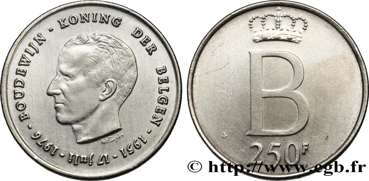 BELGIQUE 250 Francs jubilé d’argent du roi Baudouin légende flamande 1976 Bruxelles SUP 