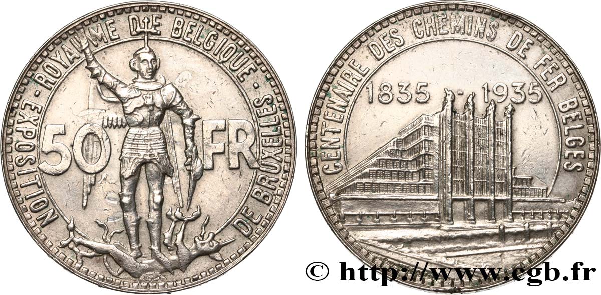 BÉLGICA 50 Francs Exposition de Bruxelles et centenaire des chemins de fer belge 1935  EBC 