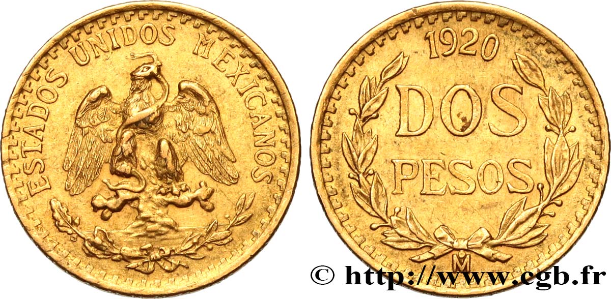MEXICO 2 Pesos or Aigle du Mexique 1920 Mexico AU 