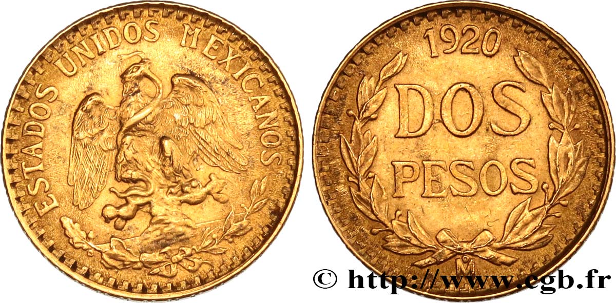 MEXICO 2 Pesos or Aigle du Mexique 1920 Mexico XF 