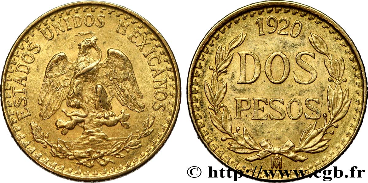 MÉXICO 2 Pesos or Aigle du Mexique 1920 Mexico MBC+ 