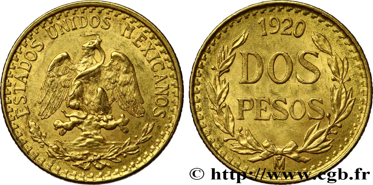 MEXIKO 2 Pesos or Aigle du Mexique 1920 Mexico fVZ 