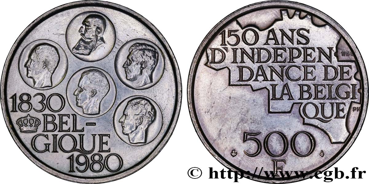 BELGIQUE 500 Francs légende française 150e anniversaire de l’indépendance, portrait des 5 rois / carte de Belgique 1980 Bruxelles SUP 
