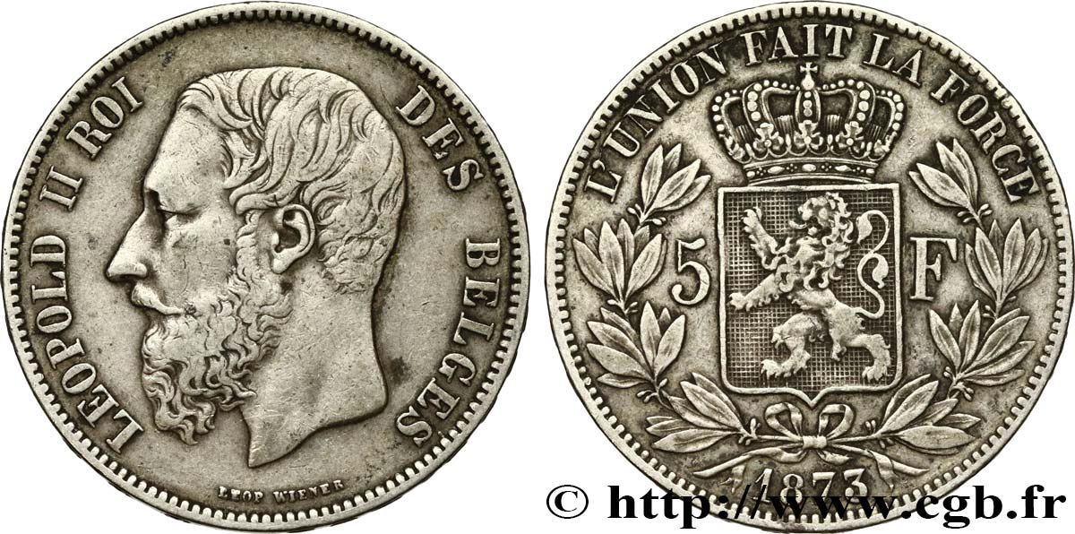 BELGIO 5 Francs Léopold II 1873  BB 