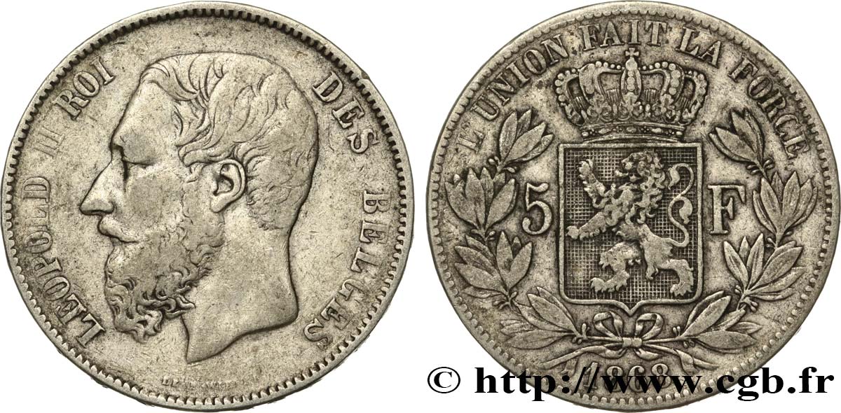 BELGIQUE 5 Francs Léopold II 1868  TB+ 