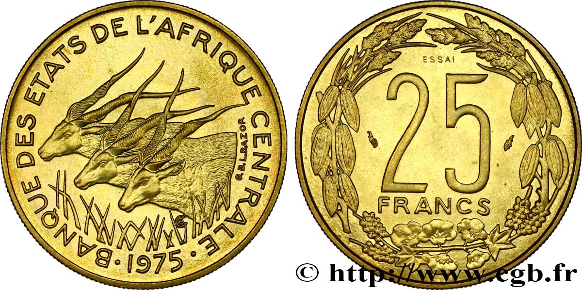 ZENTRALAFRIKANISCHE LÄNDER Essai de 25 Francs grandes antilopes 1975 Paris fST 